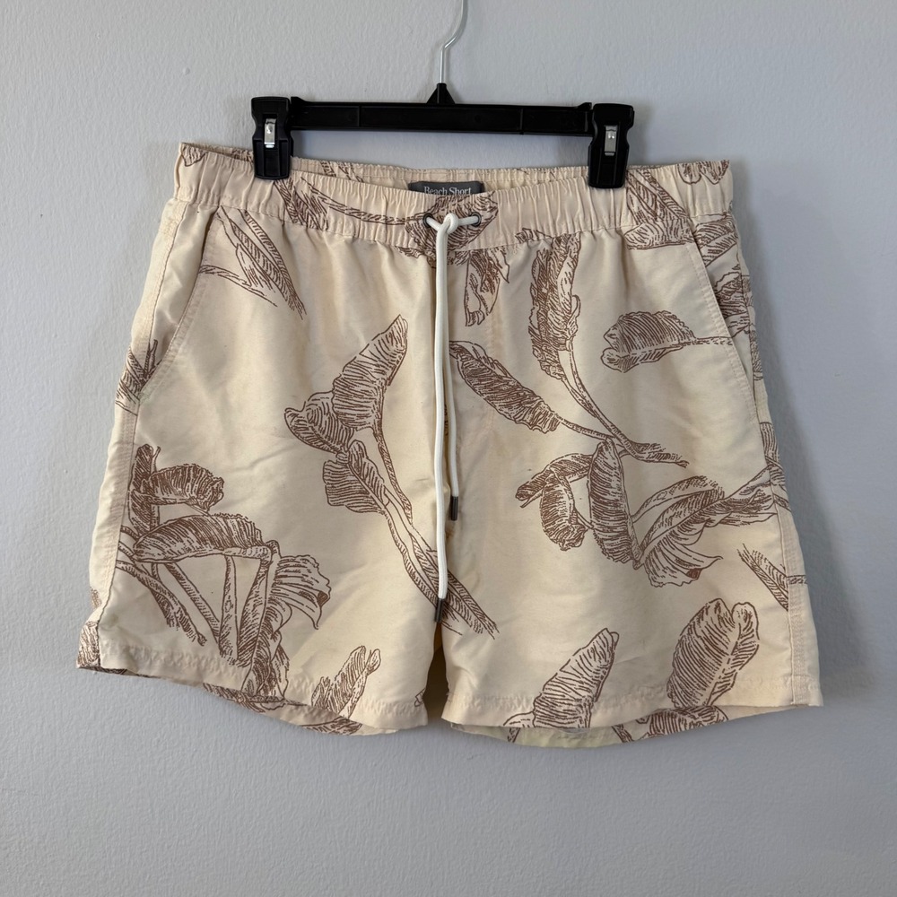 Beach Short Mens XL Tropical Leaf Print Elastic‎ Waist Drawstring Swim Trunks